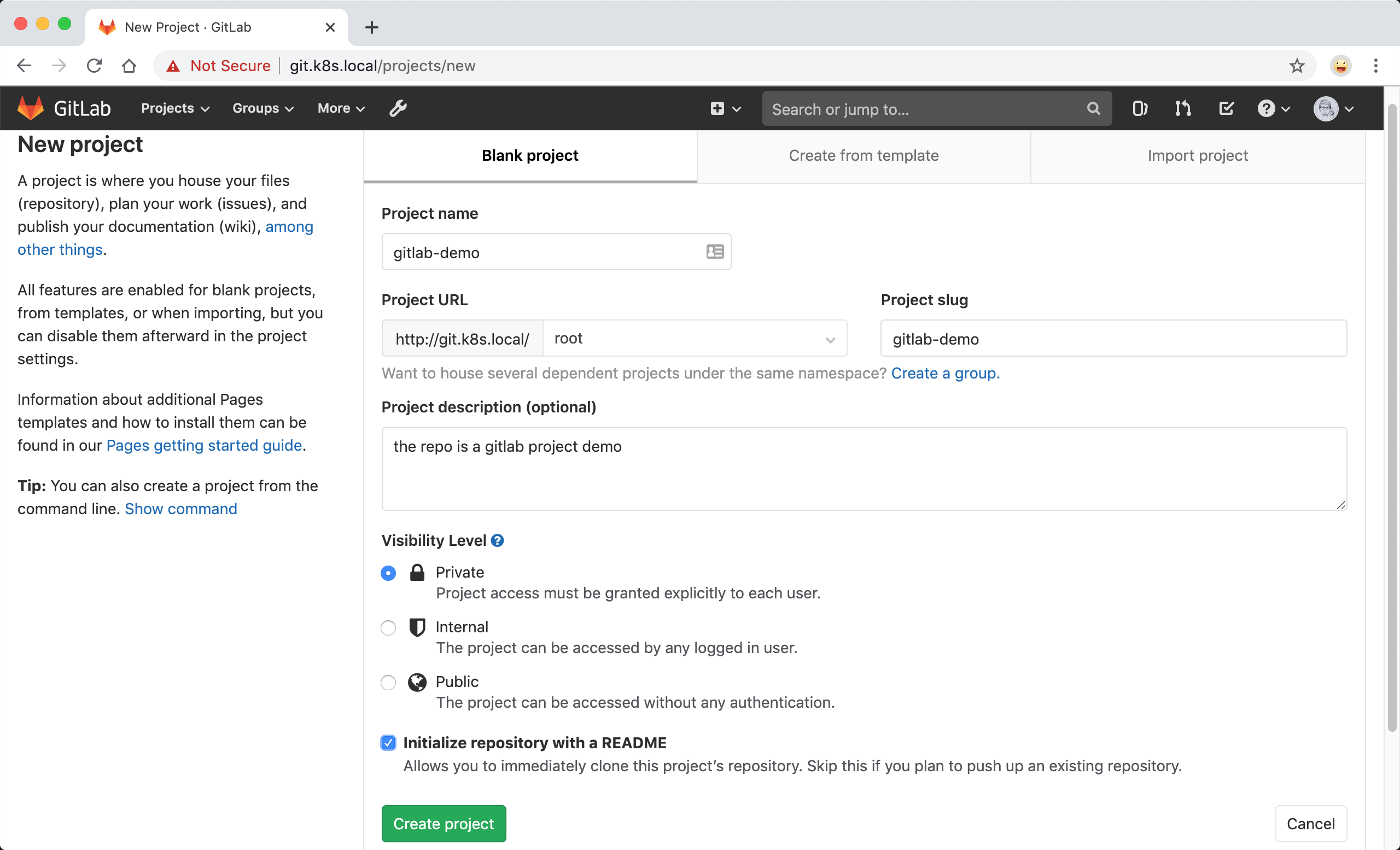 gitlab create project